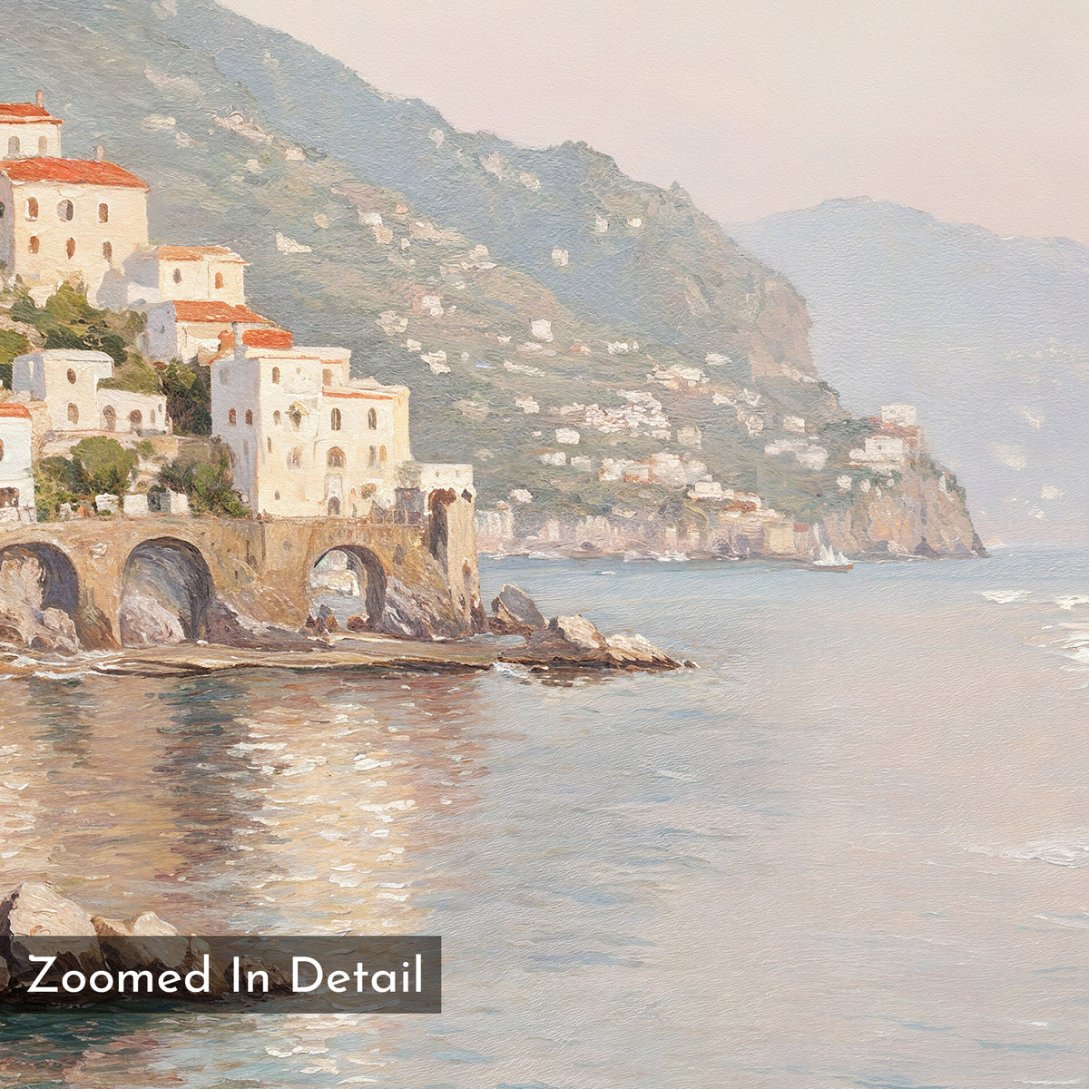 Bring tranquility to your space with the Mediterranean Dreams Canvas Art - Horizontal, showcasing white buildings with orange roofs on rocky coastal cliffs, reflected in shimmering water—the perfect serene touch for your home decor.