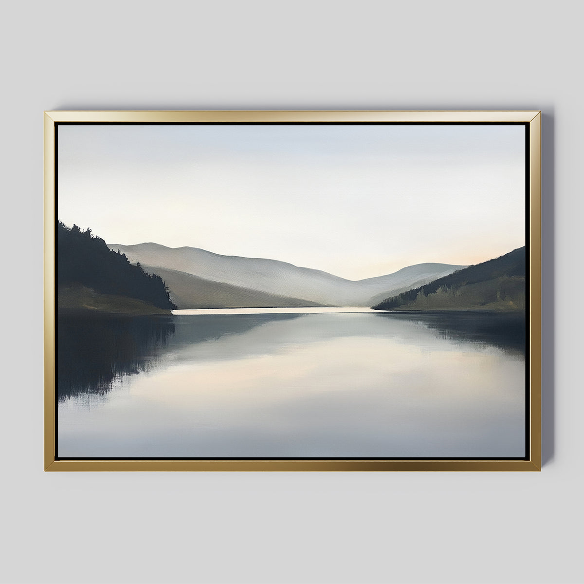 Mirror Valley Canvas Art - Horizontal features a tranquil lake reflecting distant hills and a soft, cloudy sky in calming natural tones—an ideal piece of Nordic Park-inspired wall art to bring serenity to any space.