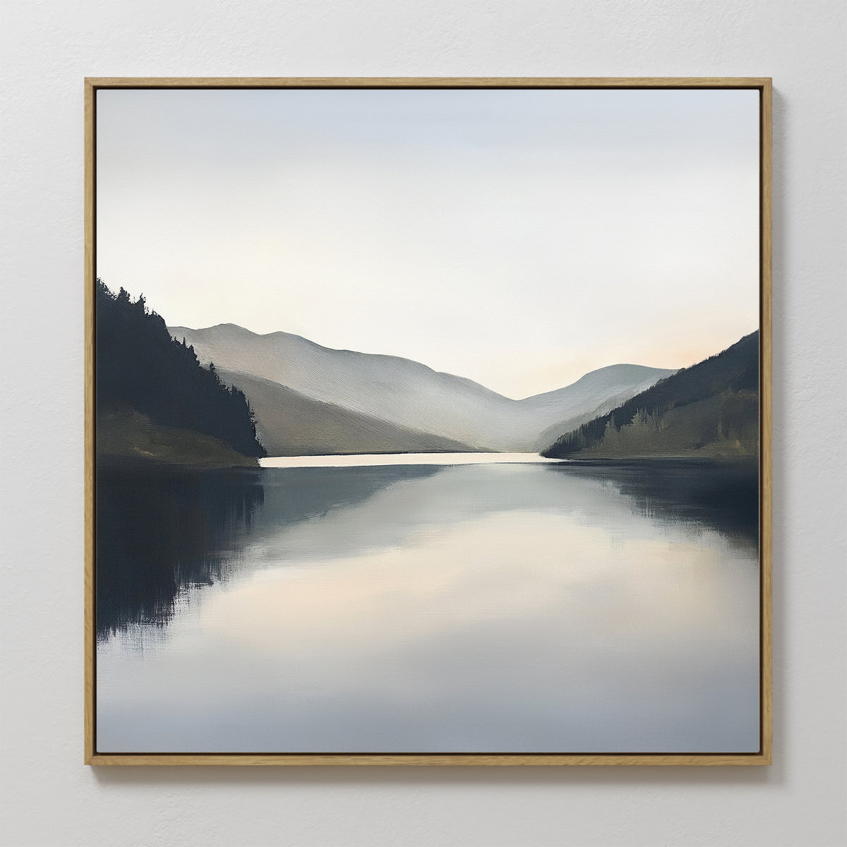 The Mirror Valley Canvas Art - Square features a serene, minimalist landscape of a calm lake beneath misty mountains and a pale sky, with gentle water reflections for tranquil wall decor.