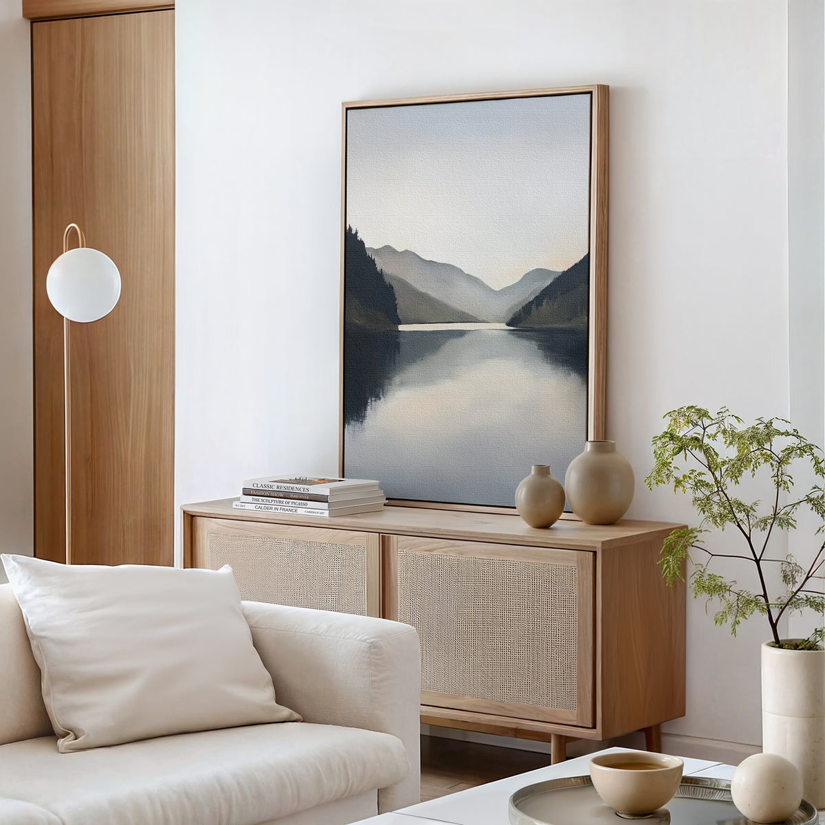 A serene living room features a light wood sideboard, Nordic accents, neutral vases, stacked books, a green plant, white sofa, round pendant light, and the Mirror Valley Canvas Art - Vertical depicting mountains and a lake.