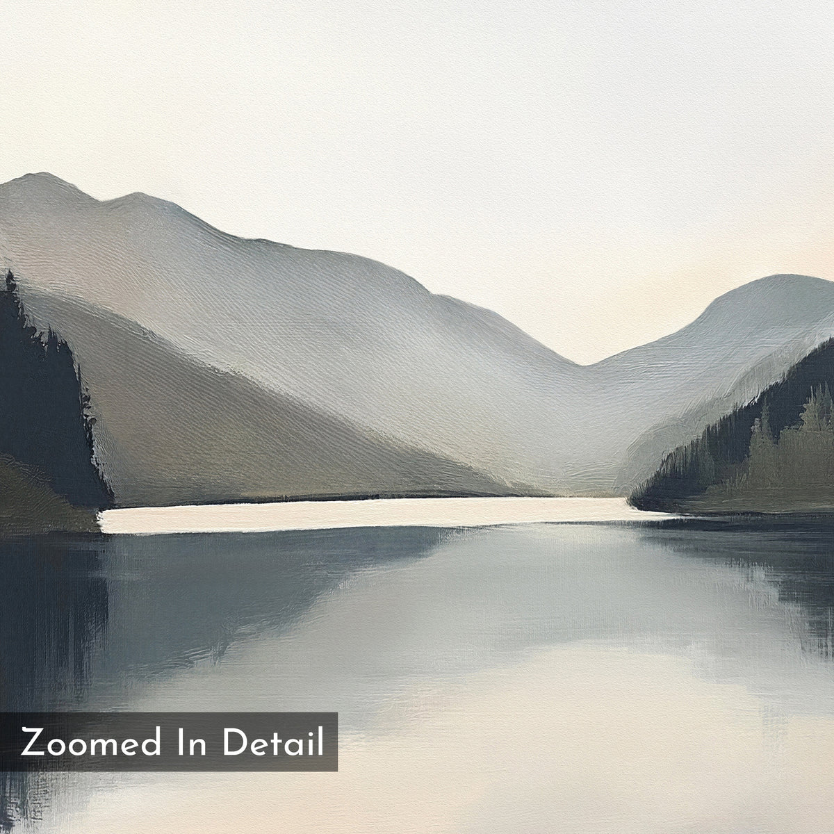 Mirror Valley Canvas Art - Vertical features a serene mountain landscape with misty gray hills, pine trees, and a calm lake—perfect as Nordic decor or landscape wall art. “Zoomed In Detail” appears in the lower left corner.