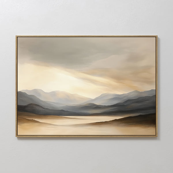 The Mountain Reverie Canvas Art - Horizontal features a serene landscape of misty peaks with soft sunlight and gentle beige, gray, and brown tones—ideal for Nordic Park-inspired tranquil wall decor.