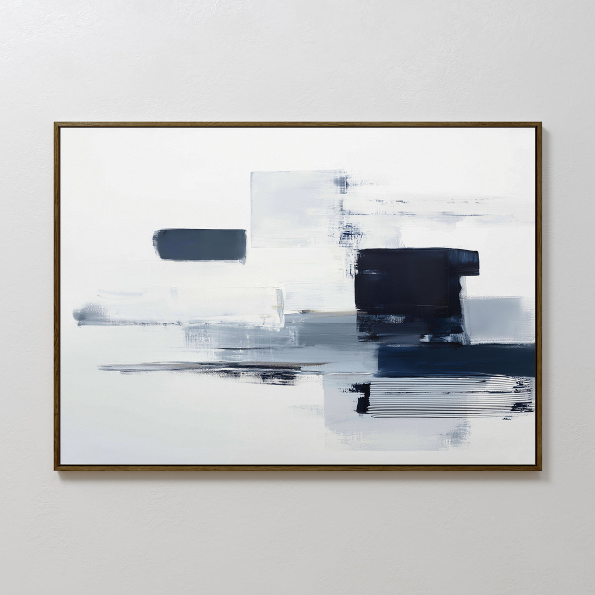 Navy Brushwork Canvas Art - Horizontal features rectangular and linear brushstrokes in white, gray, and navy on a white background, framed with a slim dark border—ideal as modern wall art or a geometric accent for your space.