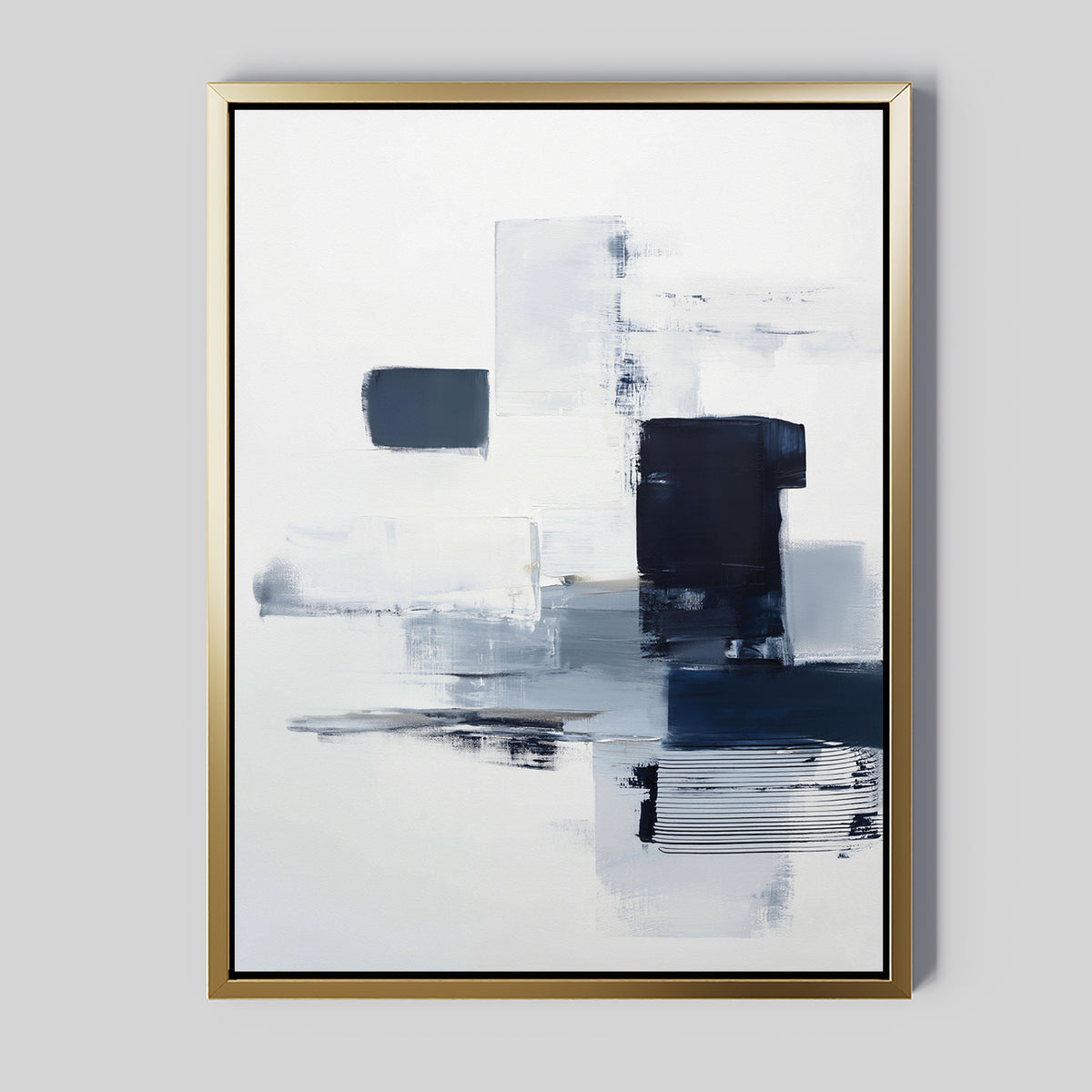 Navy Brushwork Canvas Art - Vertical features bold blue, black, and gray brushstrokes on white, accented with a gold frame—perfect navy abstract wall art for lovers of modern geometric prints and minimalist decor.