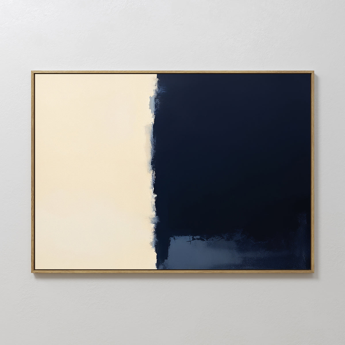 The Navy Division Canvas Art - Horizontal features two vertical halves: a smooth cream left side and a deep navy blue right side with rough, uneven edges blending at the center for a touch of modern elegance.