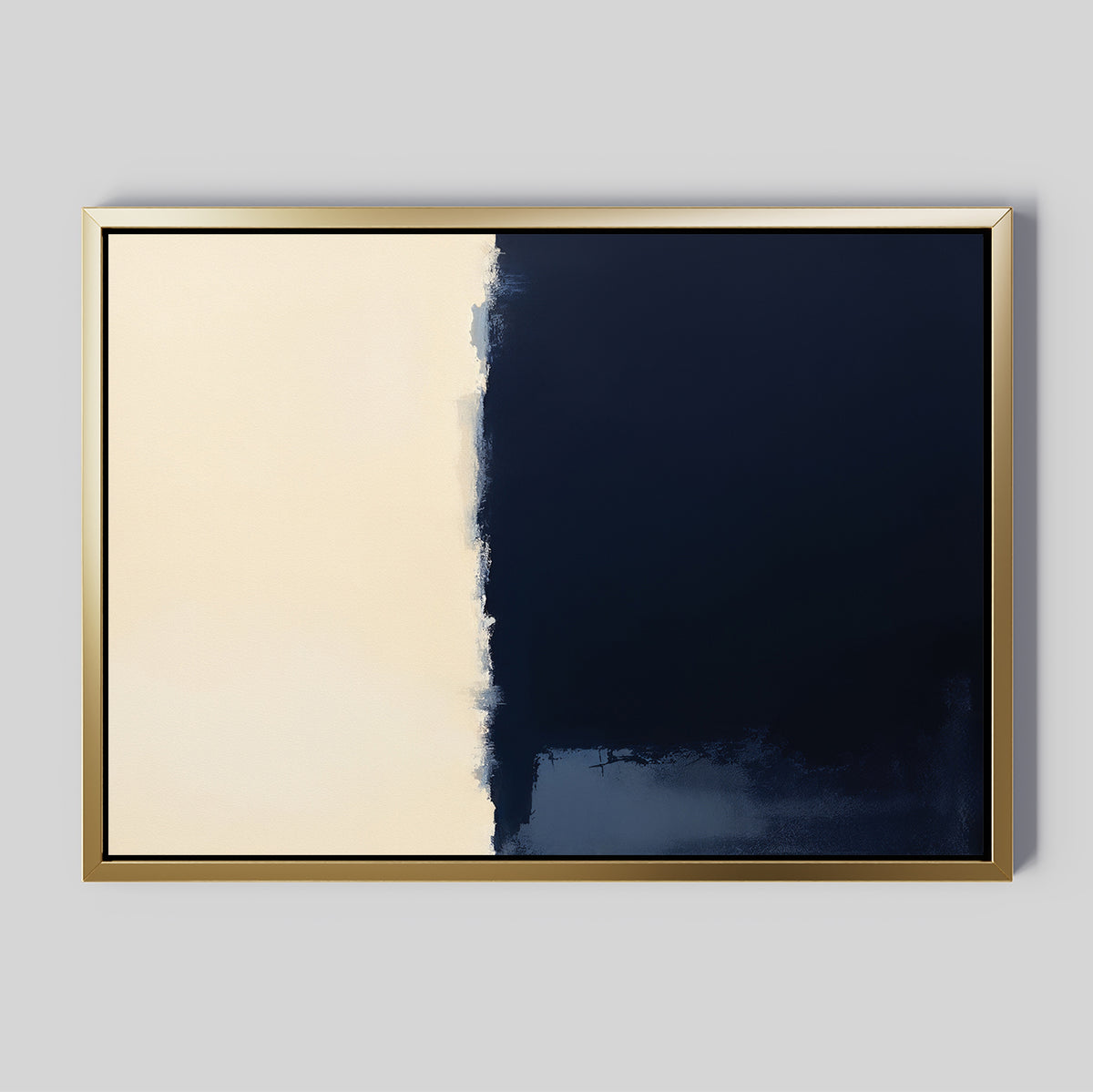 The Navy Division Canvas Art - Horizontal features a gold frame, a beige left section, dark navy right side, an uneven textured divide, and a light gray background for minimalist modern elegance.
