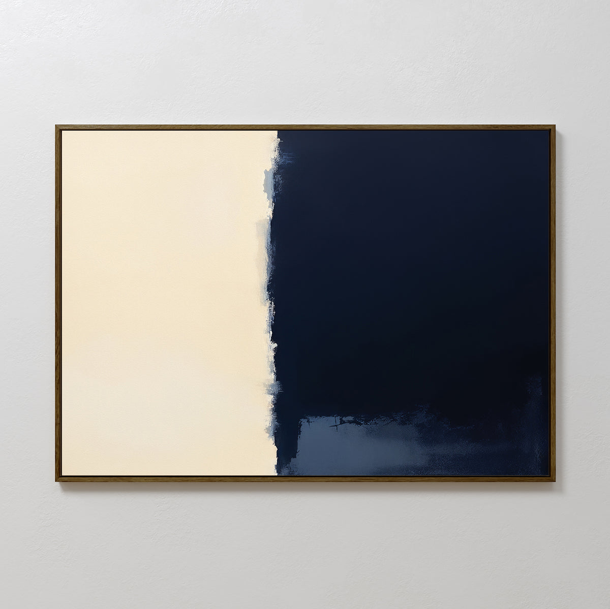 The Navy Division Canvas Art - Horizontal is a framed minimalist print with a cream section on the left and dark navy on the right, separated by a rough, uneven edge—a striking display of modern elegance.