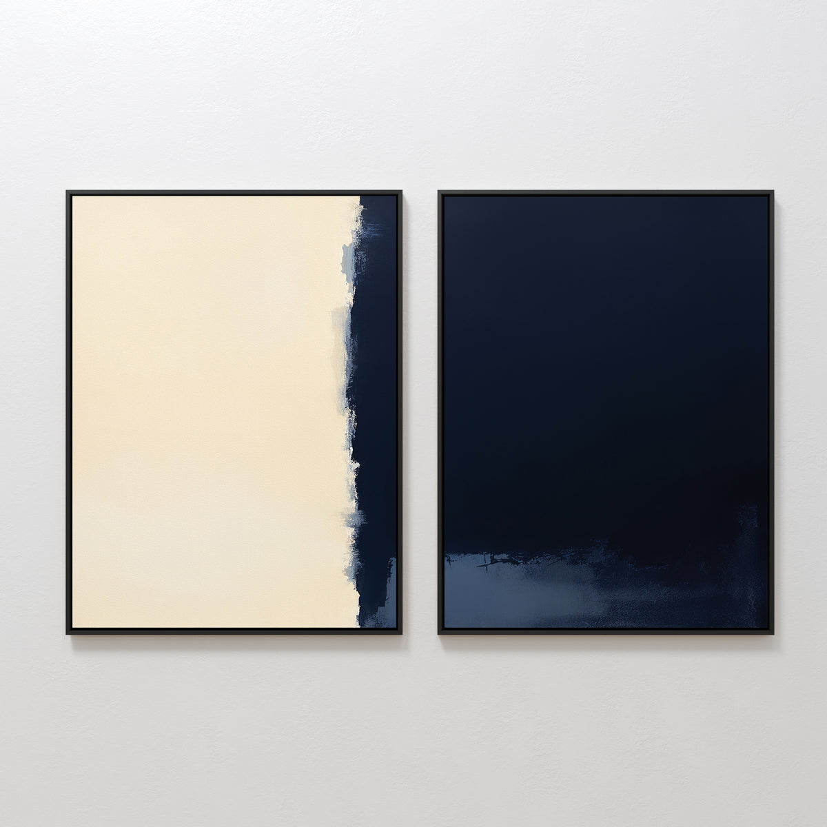 The Navy Division - Set Of 2 features minimalist framed art: one with a beige background and vertical navy section, the other in rich navy tones—ideal as Nordic Park-inspired or modern minimalist prints for any décor.