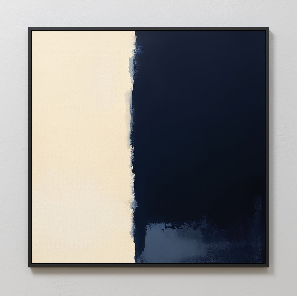 Navy Division Canvas Art - Square: A minimalist print with a solid navy blue section on the right and a light cream section on the left, divided by an uneven, textured vertical edge.