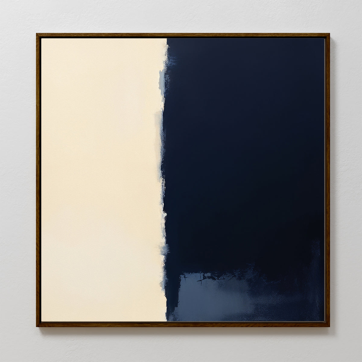 The Navy Division Canvas Art - Square features a minimalist design with solid cream on the left and deep navy blue on the right, divided by a textured edge. Ideal as Nordic Park decor or striking navy wall art for modern interiors.