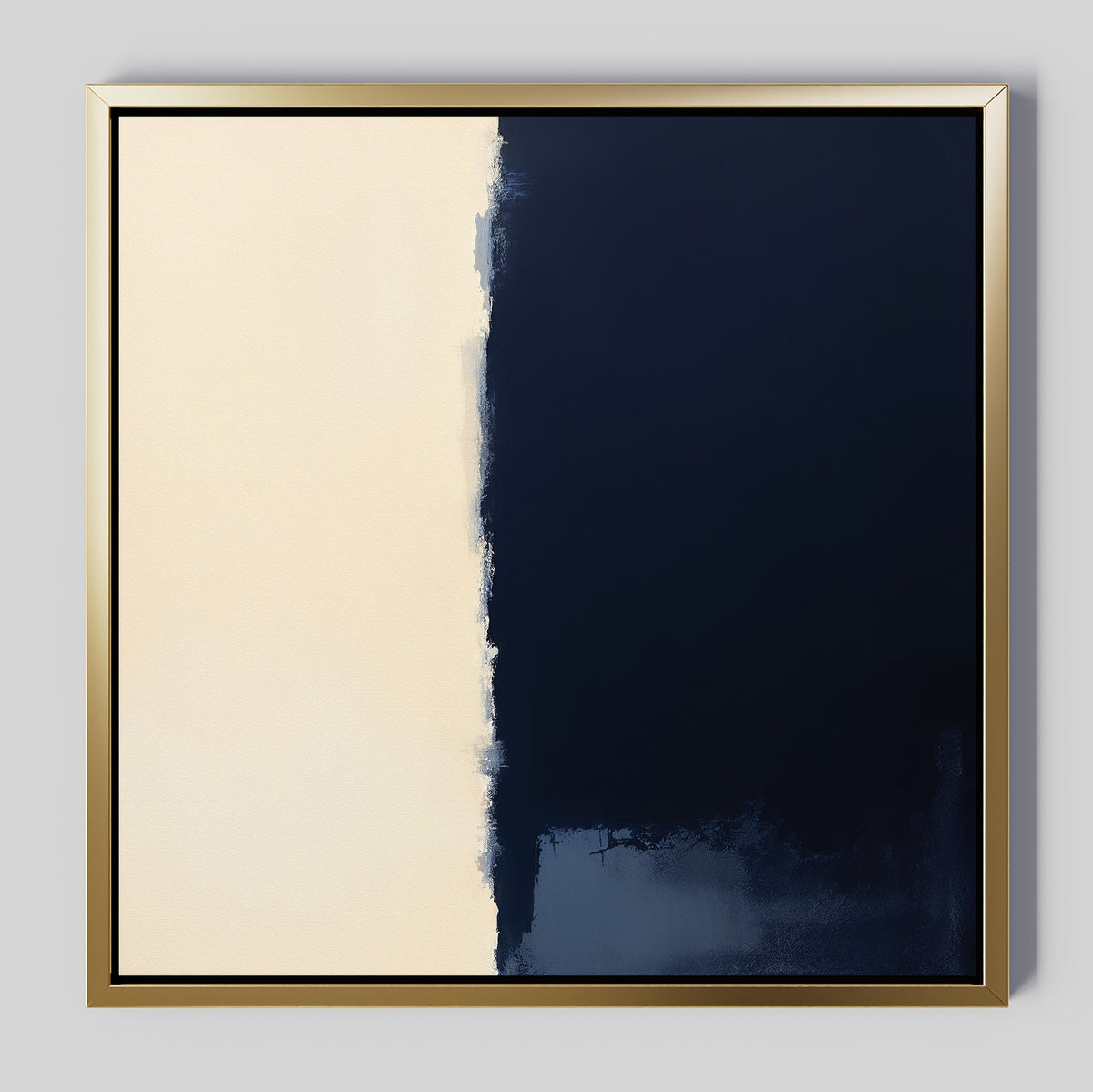 The Navy Division Canvas Art - Square features a minimalist design with a solid dark navy right side and light cream left side, separated by an uneven vertical edge—ideal navy blue wall art for modern interiors.