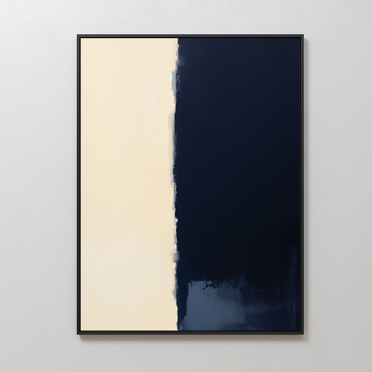The Navy Division Canvas Art - Vertical is a minimalist abstract print with an off-white left side and deep navy blue right, separated by a textured, uneven vertical border for a modern, elegant look.