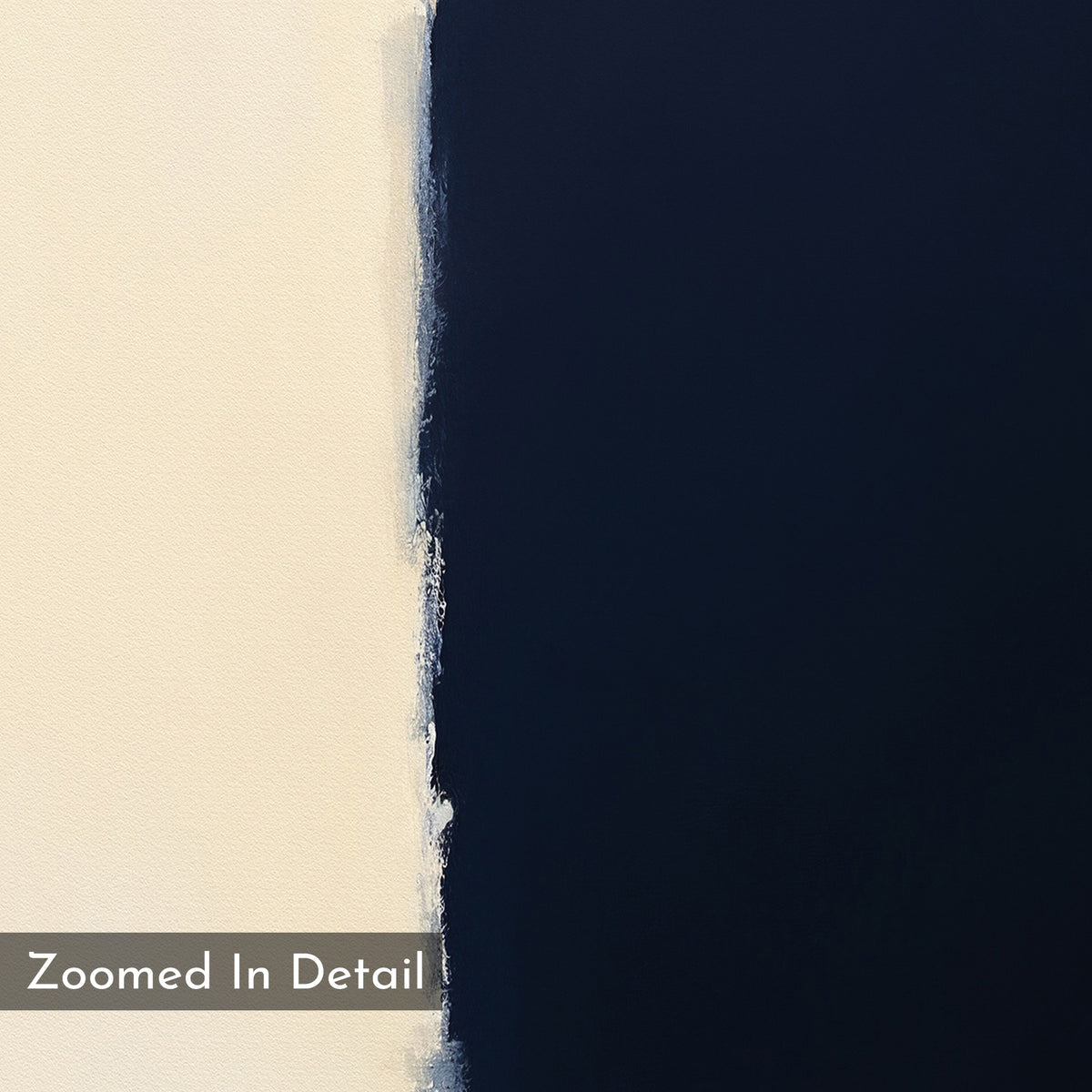 A close-up of the Navy Division Canvas Art - Vertical shows a creamy off-white area on the left and dark navy-blue on the right, divided by visible brushstrokes. "Zoomed In Detail" appears in the lower-left corner.