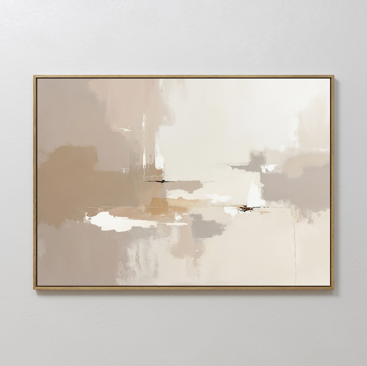 Neutral Territory Canvas Art - Horizontal features soft beige, taupe, white, and light brown brushstrokes in a gold frame. Its minimalist abstract design exudes contemporary elegance with cloud-like forms on a calm, neutral palette.