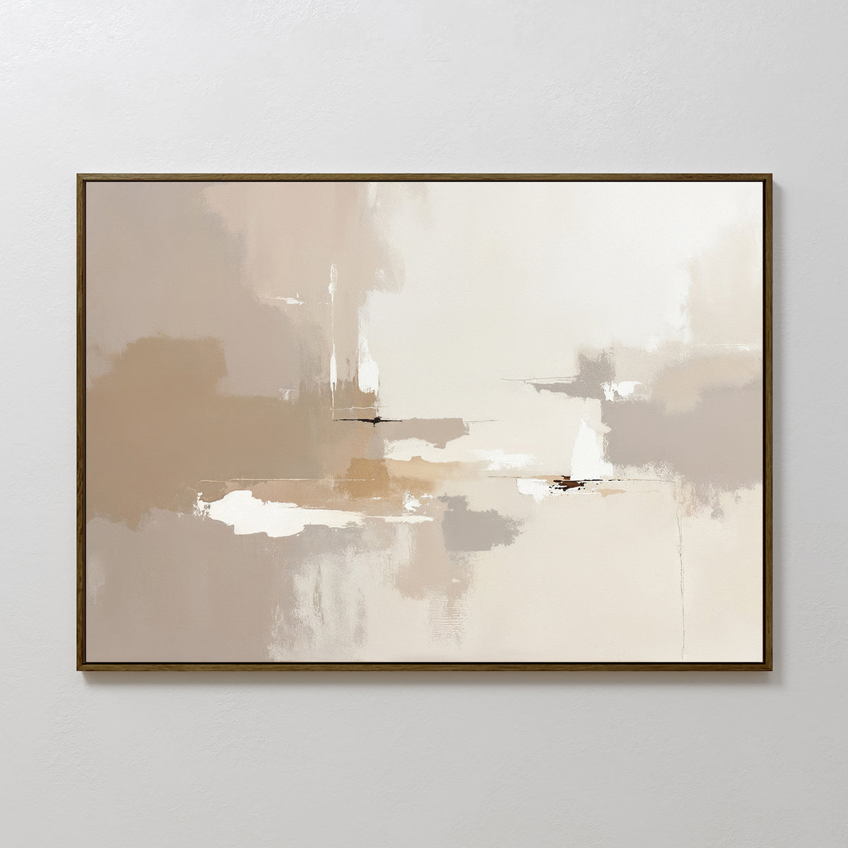 The Neutral Territory Canvas Art - Horizontal features soft, blended shades of beige, tan, white, and light brown. Framed and displayed on a plain white wall, this minimalist artwork brings calm, contemporary elegance to your space.