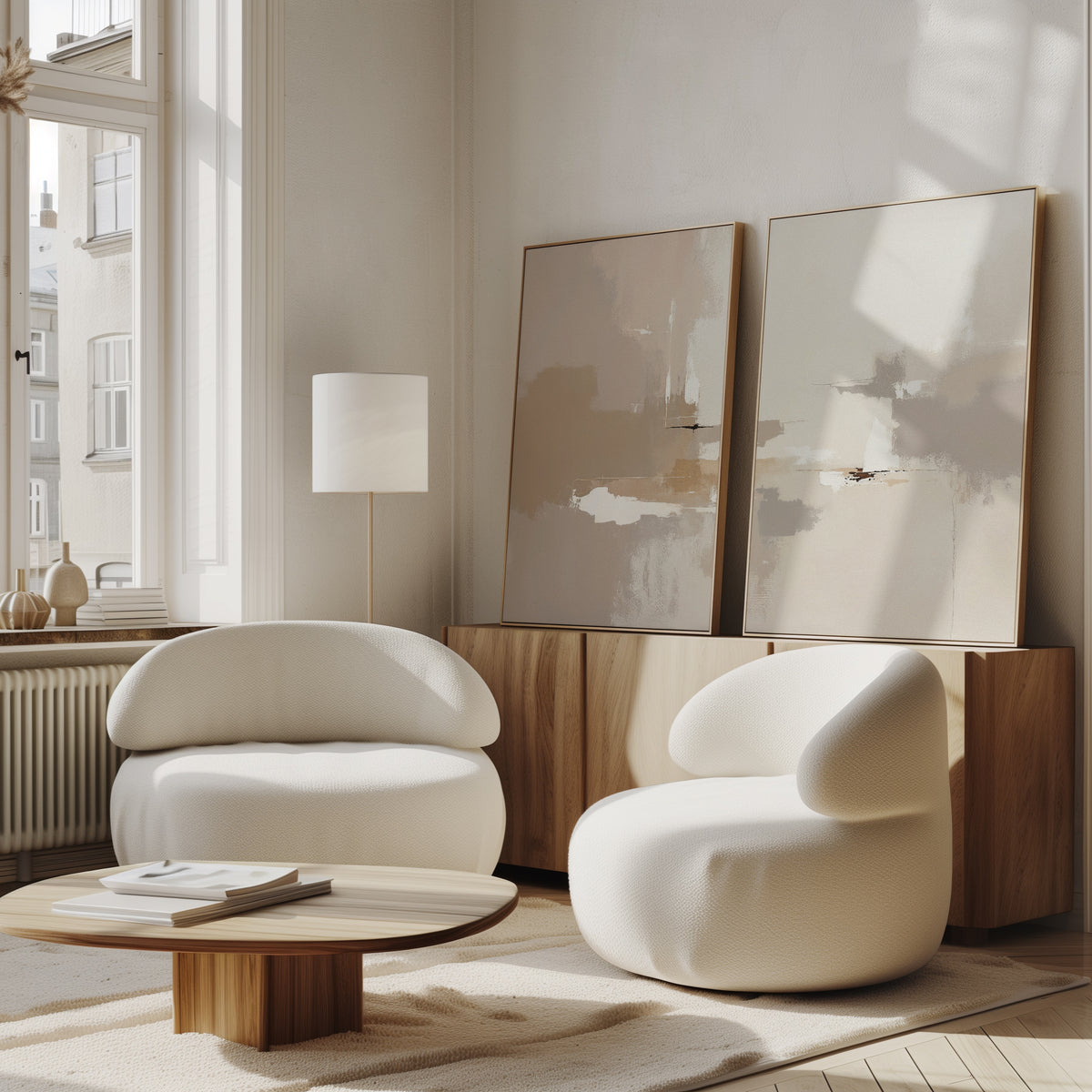 A modern living room features Neutral Territory - Set Of 2 rounded white chairs, a low wooden coffee table, large sunlit windows, neutral tones, and a cabinet with minimalist artwork for contemporary elegance.