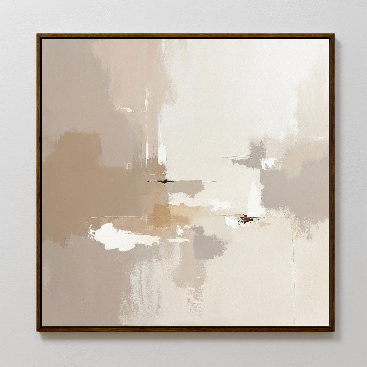 Neutral Territory Canvas Art - Square features soft beige, tan, and white tones with cloud-like, blurred brushstrokes in a minimalist style. Finished within a thin dark frame, it brings calm and contemporary elegance to any space.