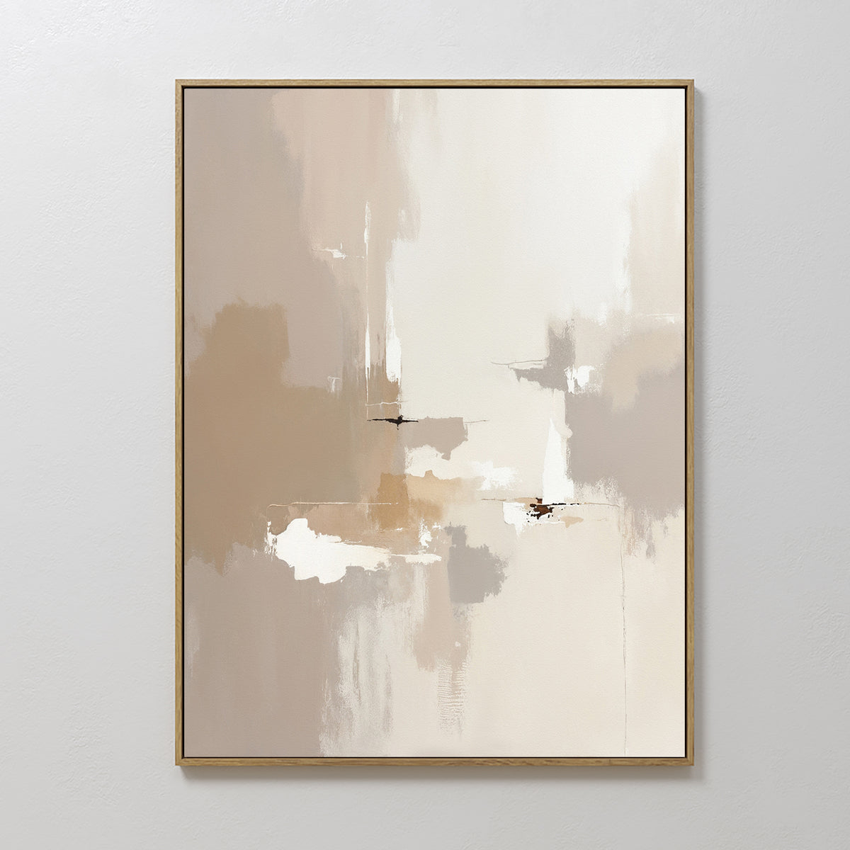Neutral Territory Canvas Art - Vertical features soft beige, cream, taupe, and white tones blended in textured brushstrokes. This minimalist piece comes in a slim light frame, ideal for modern living rooms with plain white walls.