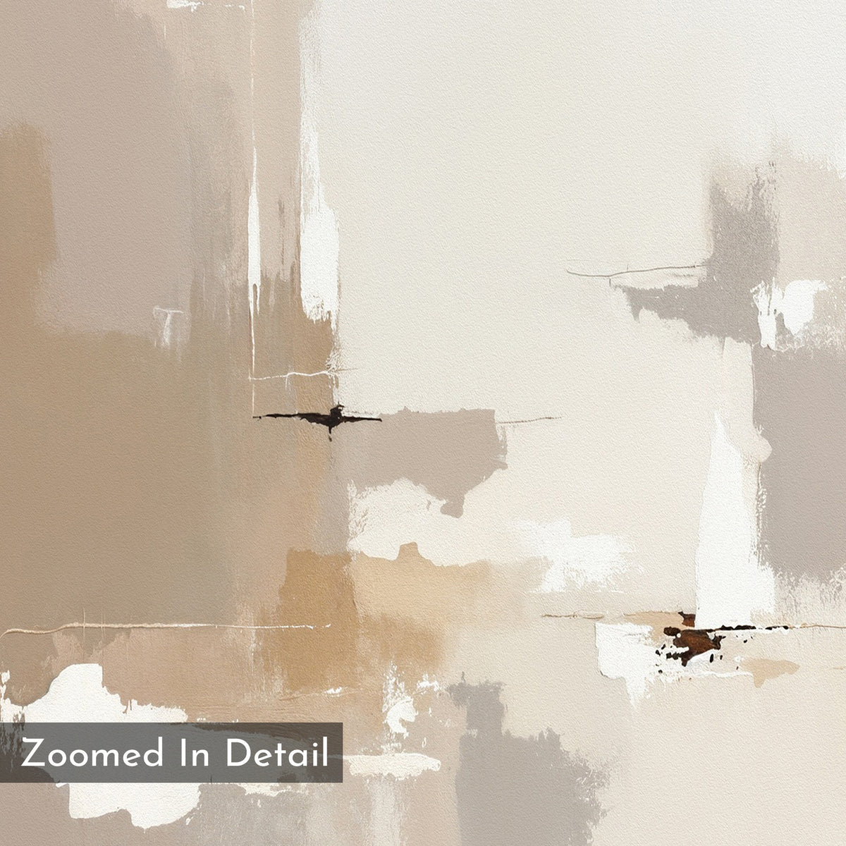 Neutral Territory Canvas Art - Vertical features abstract beige, cream, tan, and brown brushstrokes. "Zoomed In Detail" appears in a gray box at bottom left. Its minimalist textures add depth to modern living rooms.