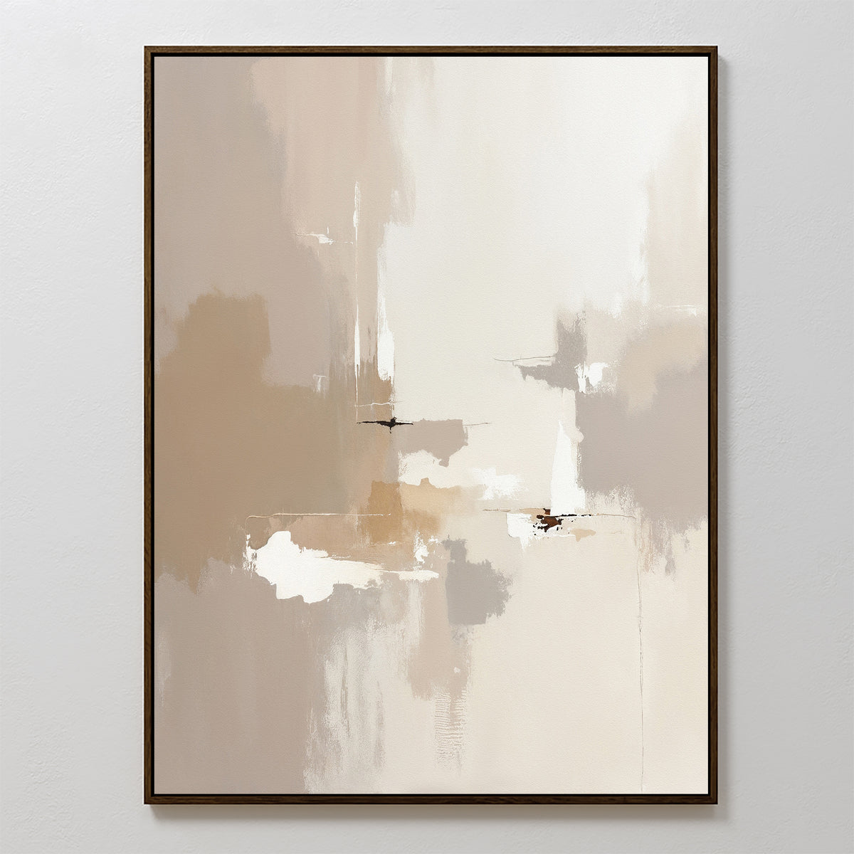 Neutral Territory Canvas Art - Vertical features soft blends of beige, tan, cream, and white in cloud-like forms and bold strokes. This minimalist artwork is ideal for modern living rooms and comes framed with a sleek, dark border.
