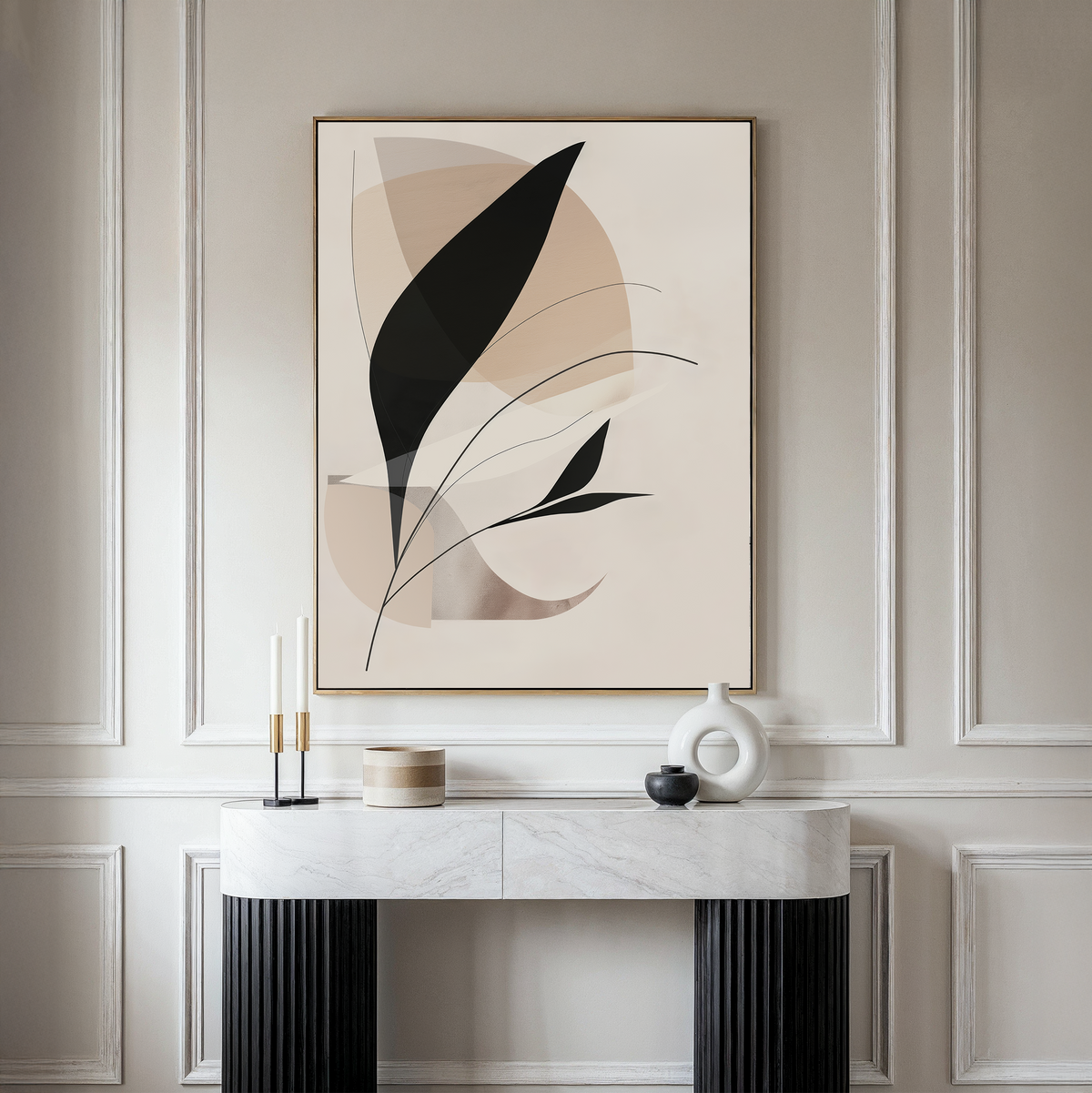 A minimalist console table holds candles, a cylindrical container, and a white vase against a paneled wall. Above it hangs the Noir Petals in Motion Abstract Canvas Art featuring bold black, beige, and tan leaf-like forms for modern flair.