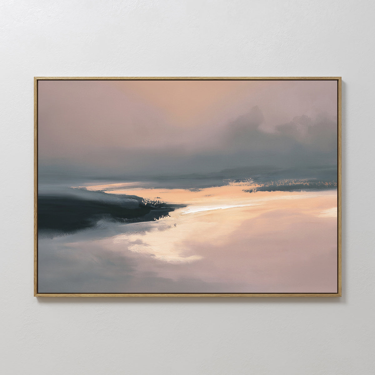The Nordic Fjord Canvas Art - Horizontal features soft pink, peach, and gray tones in an abstract landscape inspired by Nordic fjords. This serene wall art evokes a sunset over water, making it ideal for modern, tranquil spaces.