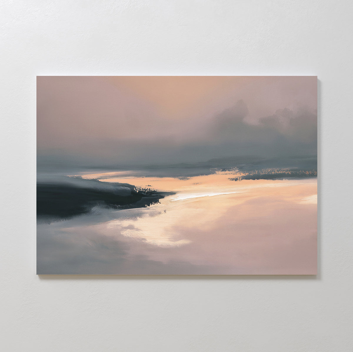 The Nordic Fjord Canvas Art - Horizontal features soft pink, peach, and gray tones with a reflective water scene and misty hills beneath a hazy sky—ideal wall art for adding a serene, minimalist touch to your space.