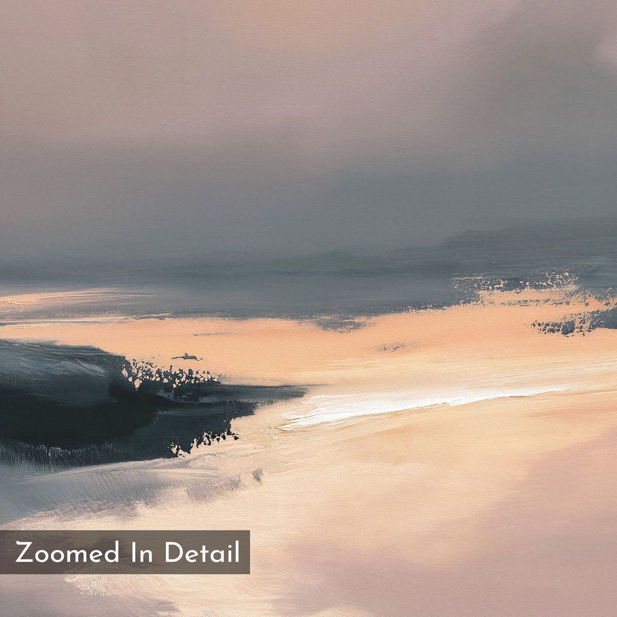 The Nordic Fjord Canvas Art - Horizontal showcases soft beige, gray, and white brushstrokes for a serene, misty effect. Subtle text in the corner reads "Zoomed In Detail.