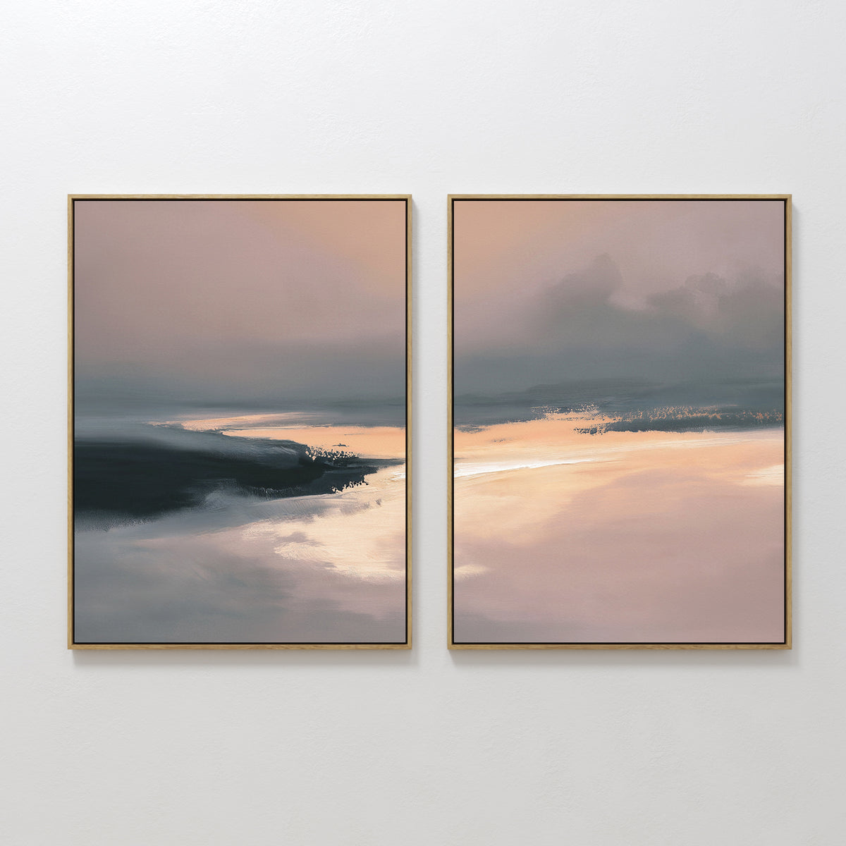 The "Nordic Fjord - Set Of 2" features abstract framed prints in soft peach, gray, and cream, depicting serene fjord landscapes—ideal peaceful wall art to elevate your living room with subtle horizons and smooth blends.