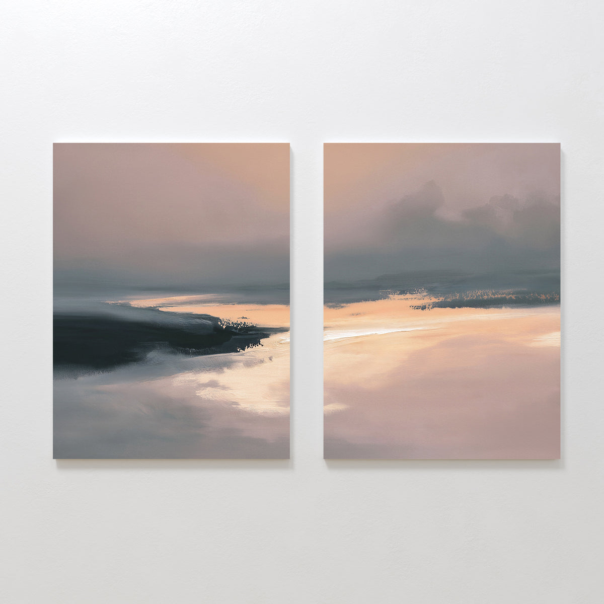 The "Nordic Fjord - Set Of 2" features abstract prints in soft beige, peach, and gray tones, perfect for adding a tranquil shoreline vibe and peaceful touch to your living room decor.