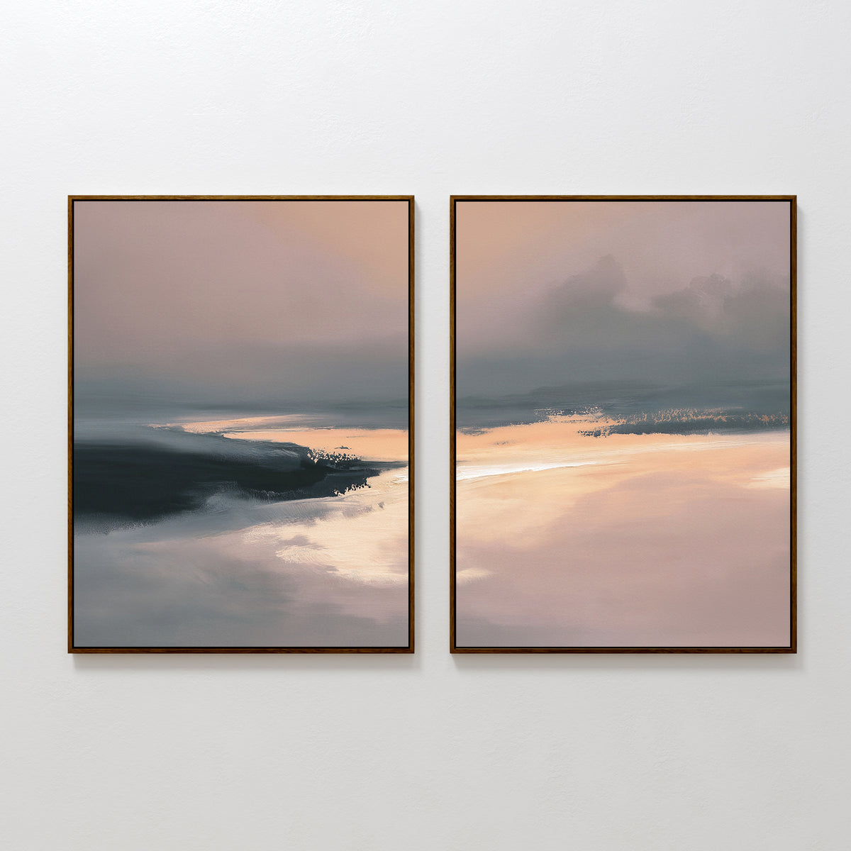 The Nordic Fjord - Set Of 2 features framed abstract landscape paintings in soft pink, beige, blue, and gray tones. This serene wall art evokes a coastal vibe, making it perfect for enhancing your living room decor.
