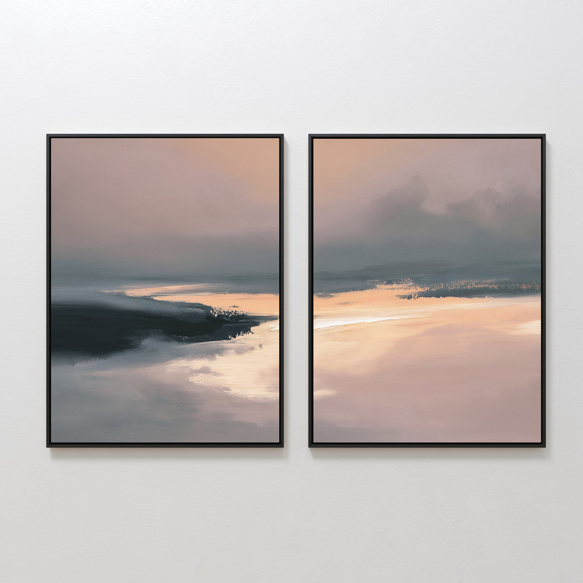 The Nordic Fjord - Set Of 2 features framed prints of misty coastal scenes in beige, peach, and dark blue tones, creating serene wall art that elegantly enhances your living room on a plain white wall.