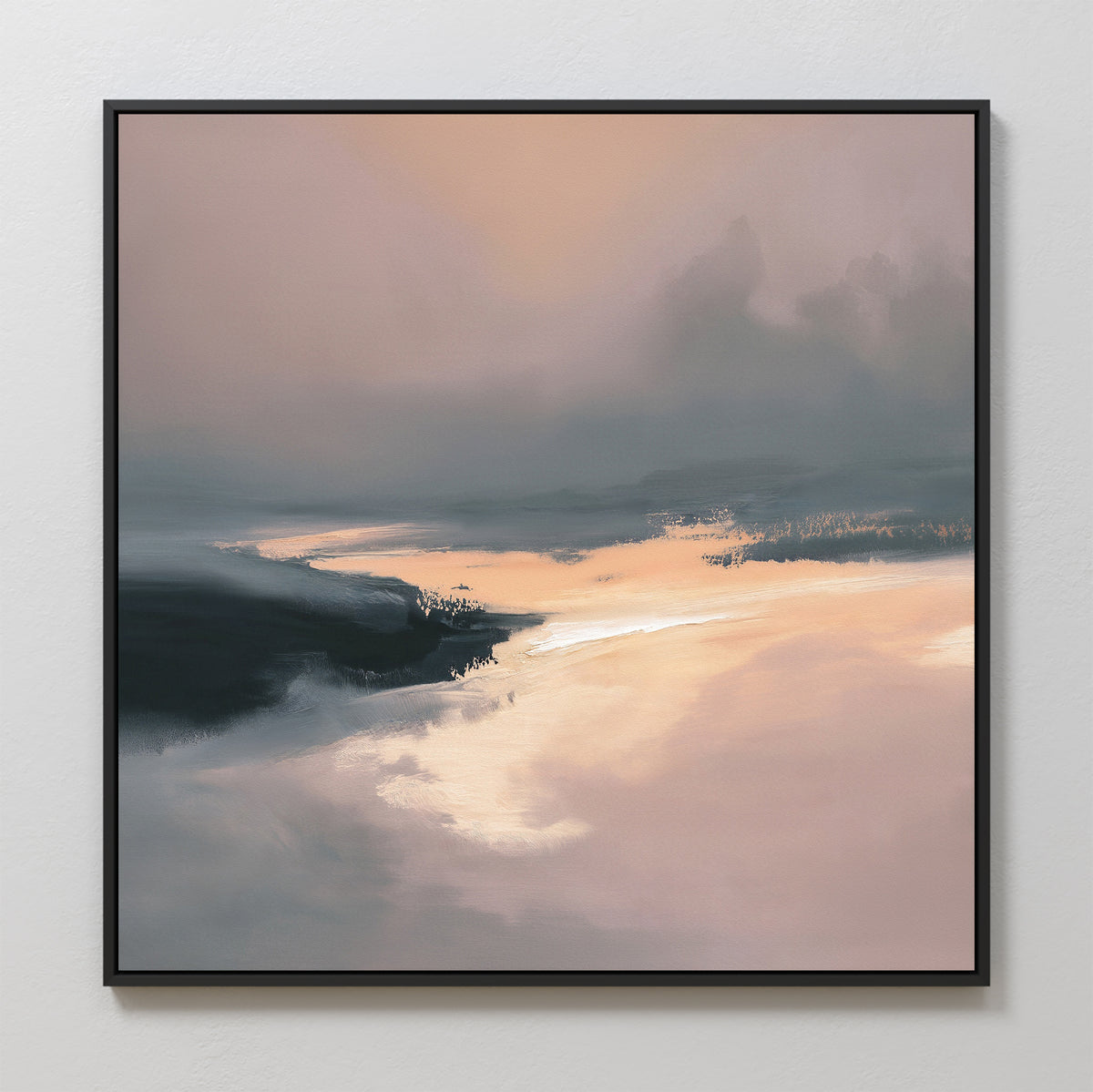 The Nordic Fjord Canvas Art - Square features soft, muted tones of peach, gray, and cream in an abstract landscape with gentle brushstrokes—a serene and stylish wall art piece for any space.