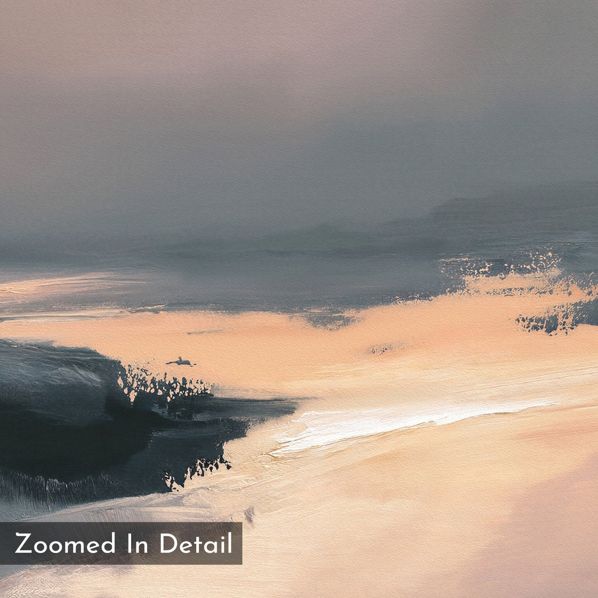 The Nordic Fjord Canvas Art - Square features a soft, abstract landscape in muted beige, gray, and black with gentle brushstrokes. "Zoomed In Detail" appears in the lower left corner—ideal for adding peaceful wall art to any space.