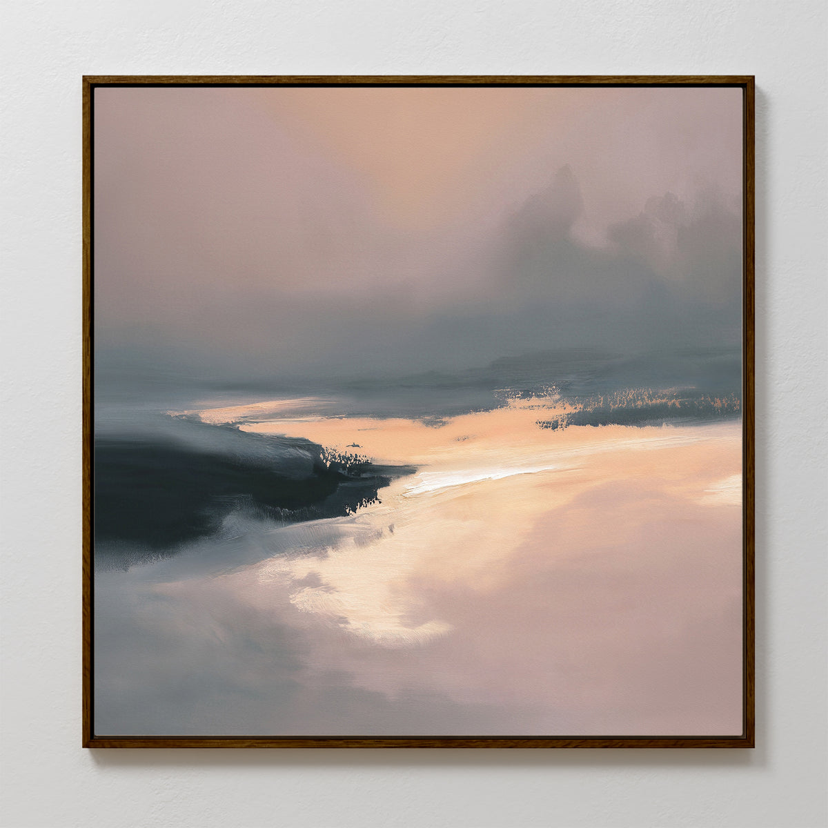 The Nordic Fjord Canvas Art - Square features soft pink, peach, and gray tones in an abstract landscape, evoking tranquility and calm with its serene waterway and hazy sky—perfect for adding peaceful vibes to any space.
