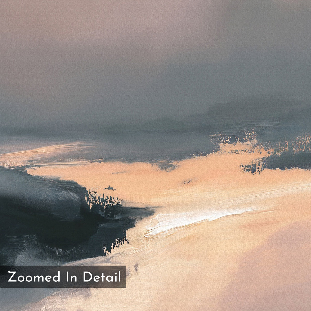 Nordic Fjord Canvas Art - Vertical features soft, blurred brushstrokes in muted peach, gray, and white tones. “Zoomed In Detail” appears in the lower left corner, making it perfect for adding serene style to any wall.