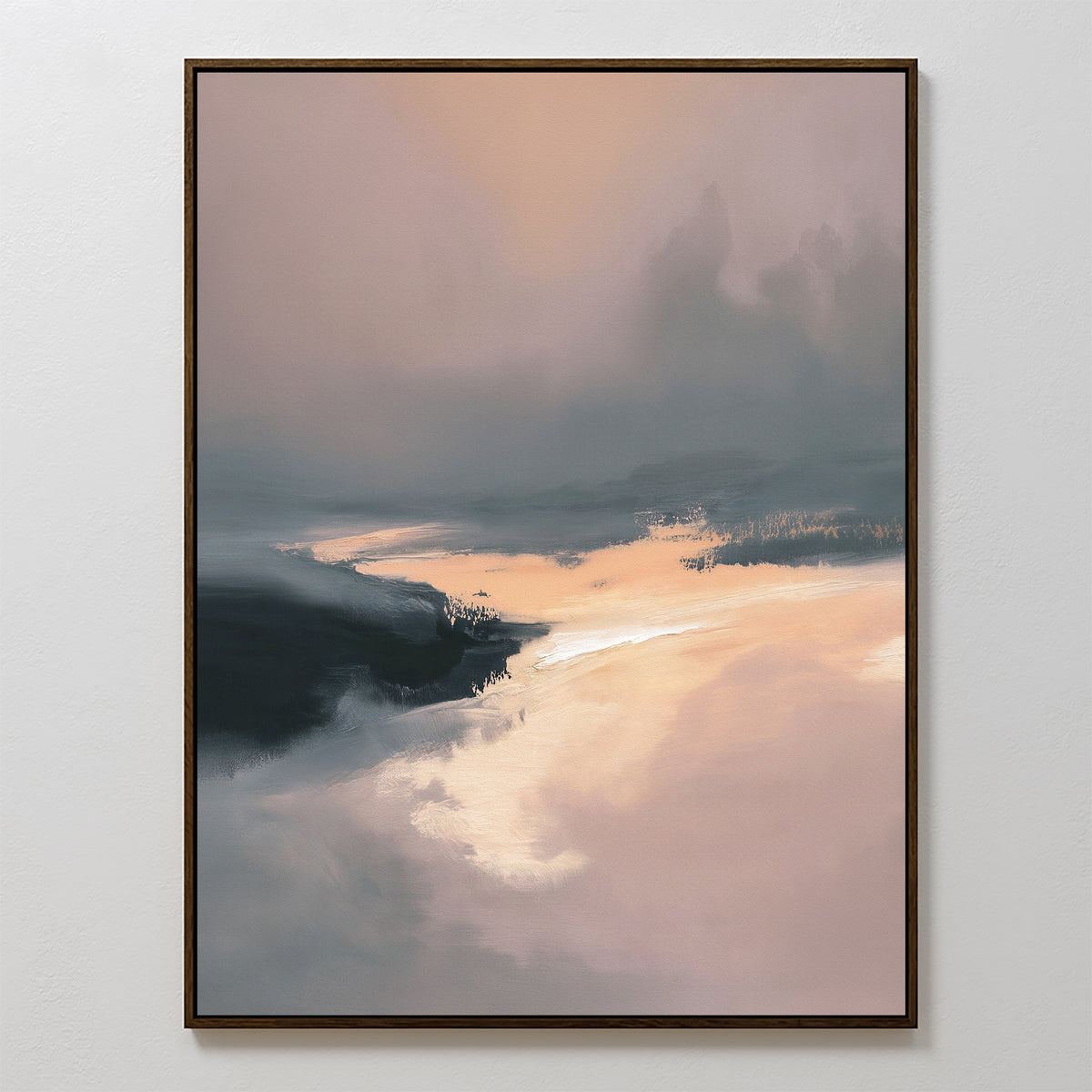 Nordic Fjord Canvas Art - Vertical: Framed abstract wall art featuring a hazy sunrise or sunset over water in soft pink, peach, and gray tones for a tranquil, dreamy Nordic-inspired landscape.