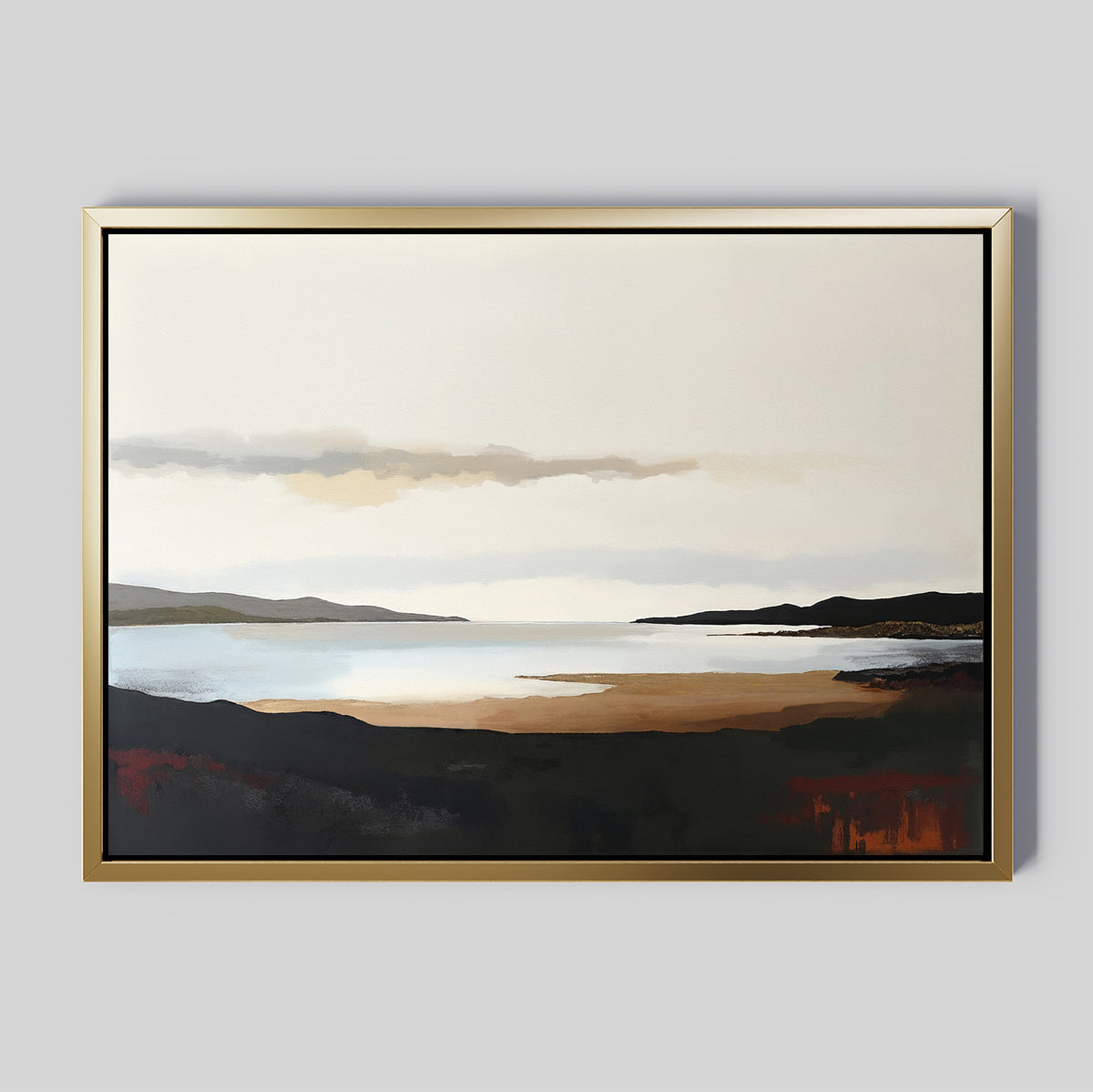 The Nordic Waters Canvas Art - Horizontal features a serene water scene with distant hills and a cloudy sky in muted brown, black, white, and red tones on gray—ideal as calming wall art for your space.