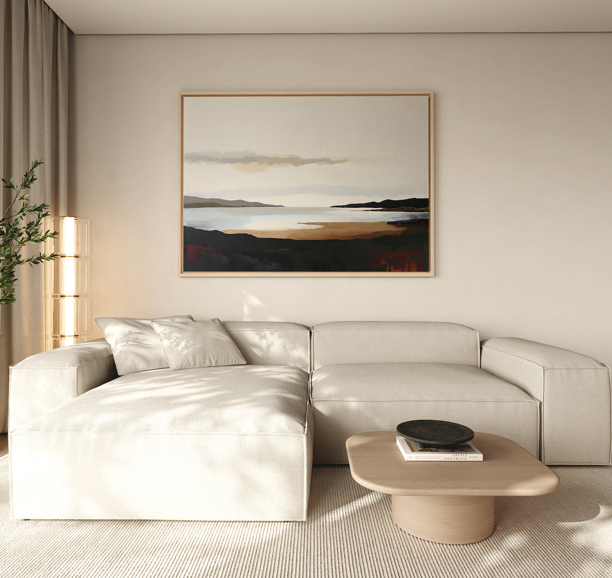 A modern living room featuring a light beige sectional sofa, round wooden coffee table with a black bowl, tall plant, and the Nordic Waters Canvas Art - Horizontal above the sofa. Neutral tones and natural light complete the scene.