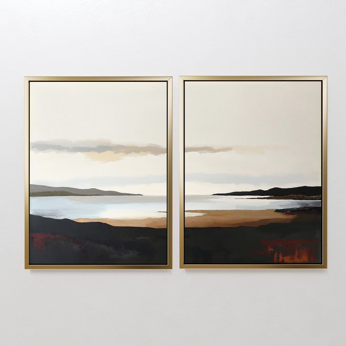The Nordic Waters - Set Of 2 features framed landscape prints of tranquil waters and distant hills in earthy tones, bringing serene, understated elegance to any minimalist space as calming wall art.