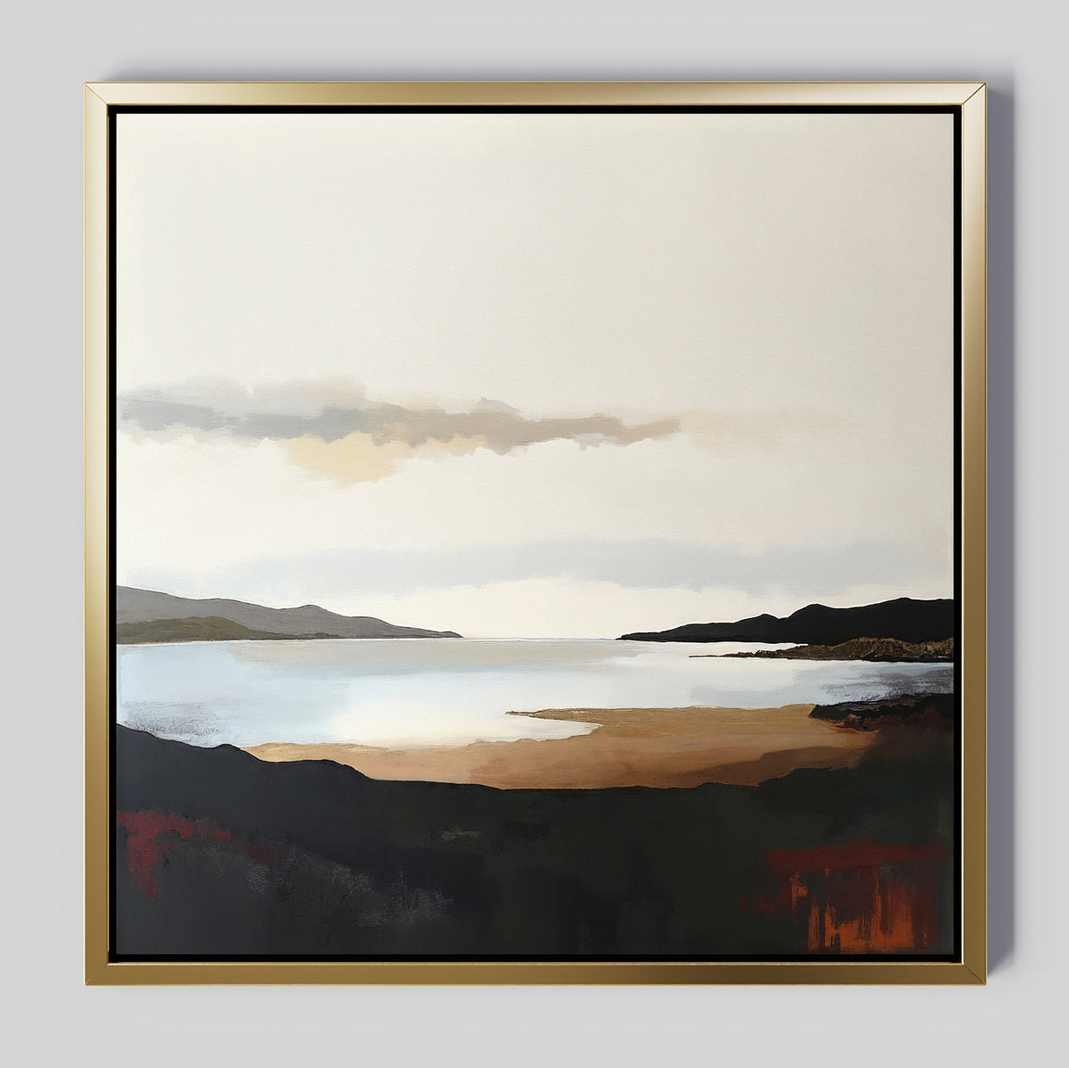 Nordic Waters Canvas Art - Square: Framed Nordic landscape print featuring a tranquil lake or sea, distant mountains, cloudy sky, and earthy tones. This wall art adds minimalistic serenity and sophisticated decor to any room.