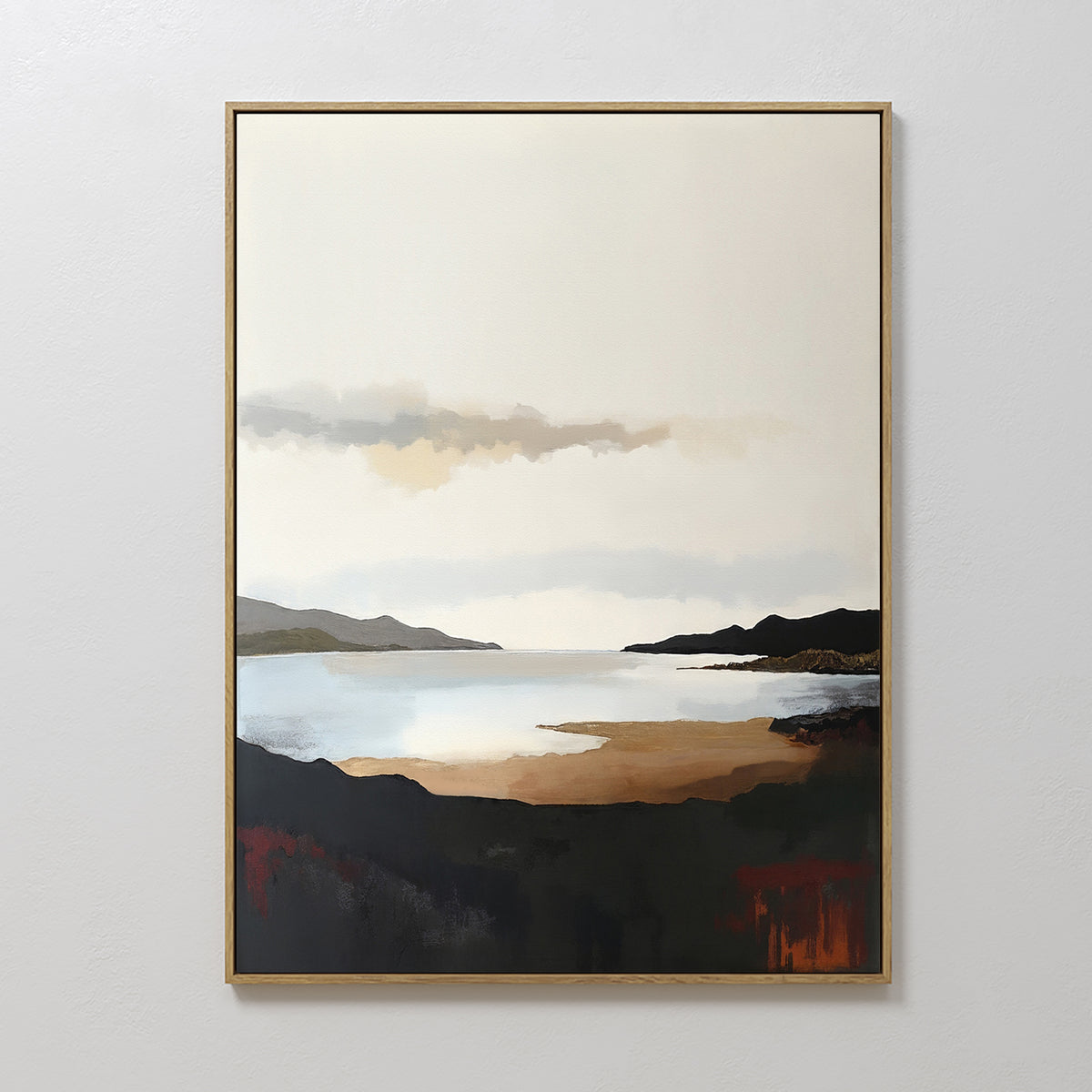 The Nordic Waters Canvas Art - Vertical features a serene lake, distant hills, and a muted sky in earth tones. This calming print brings tranquility and elegance to any white wall.