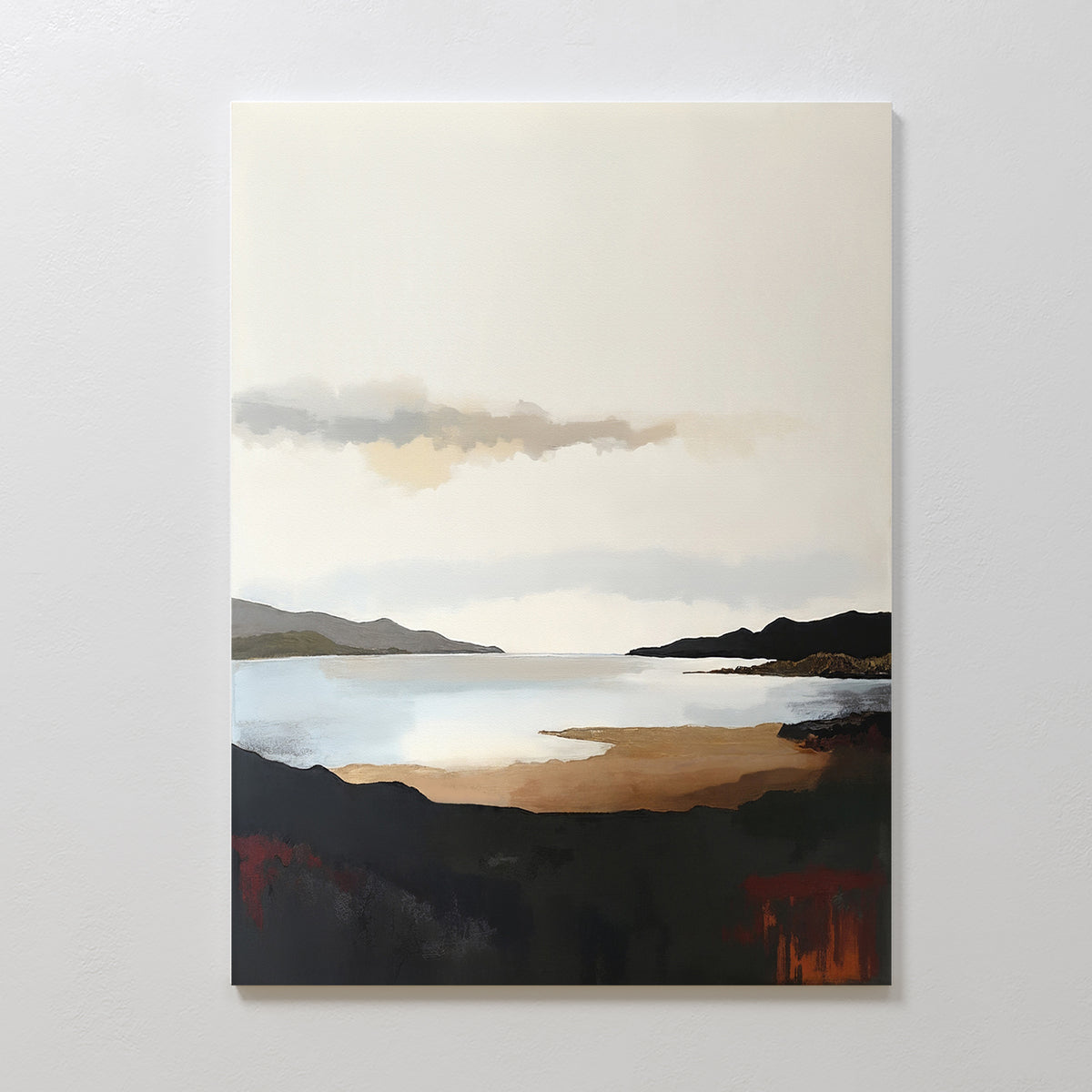Nordic Waters Canvas Art - Vertical showcases a minimalist Nordic landscape with a tranquil lake, distant hills, and cloudy sky. Dark earthy tones in the front shift to lighter shades—ideal as calming wall art for any space.