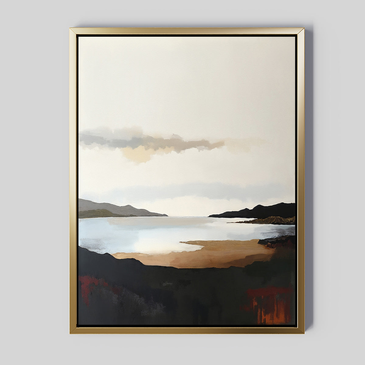 Nordic Waters Canvas Art - Vertical: This framed print showcases a serene lake and distant hills beneath a cloudy sky, with soft neutral tones and abstract brushstrokes—perfect calming wall art for any light gray background.