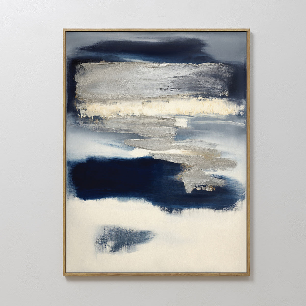 Northern Tides Canvas Art - Vertical features bold, vertical brushstrokes in a minimalist palette of navy, cream, gray, and white. Layered textures and gold framing create a refined Nordic Park-inspired artwork.