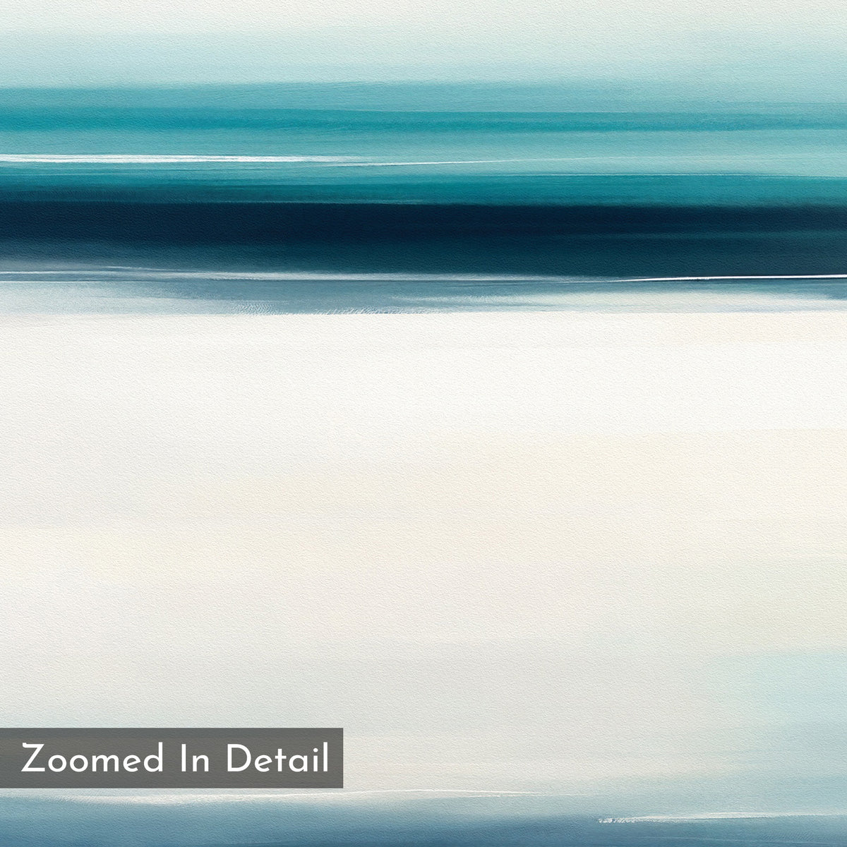 Ocean Motion Canvas Art - Horizontal features softly blended horizontal bands of blue, teal, and white, creating a calming coastal vibe. Reminiscent of a blurred ocean or sky, it includes a "Zoomed In Detail" label in the bottom left corner.