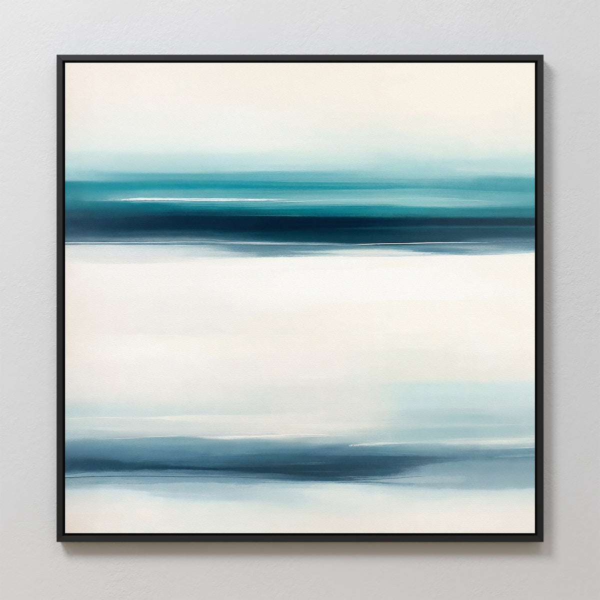 The Ocean Motion Canvas Art - Square features horizontal bands of blue, teal, and white, creating a calm gradient reminiscent of water or a coastal horizon. Soft tones evoke serene sophistication. Finished with a sleek black frame.