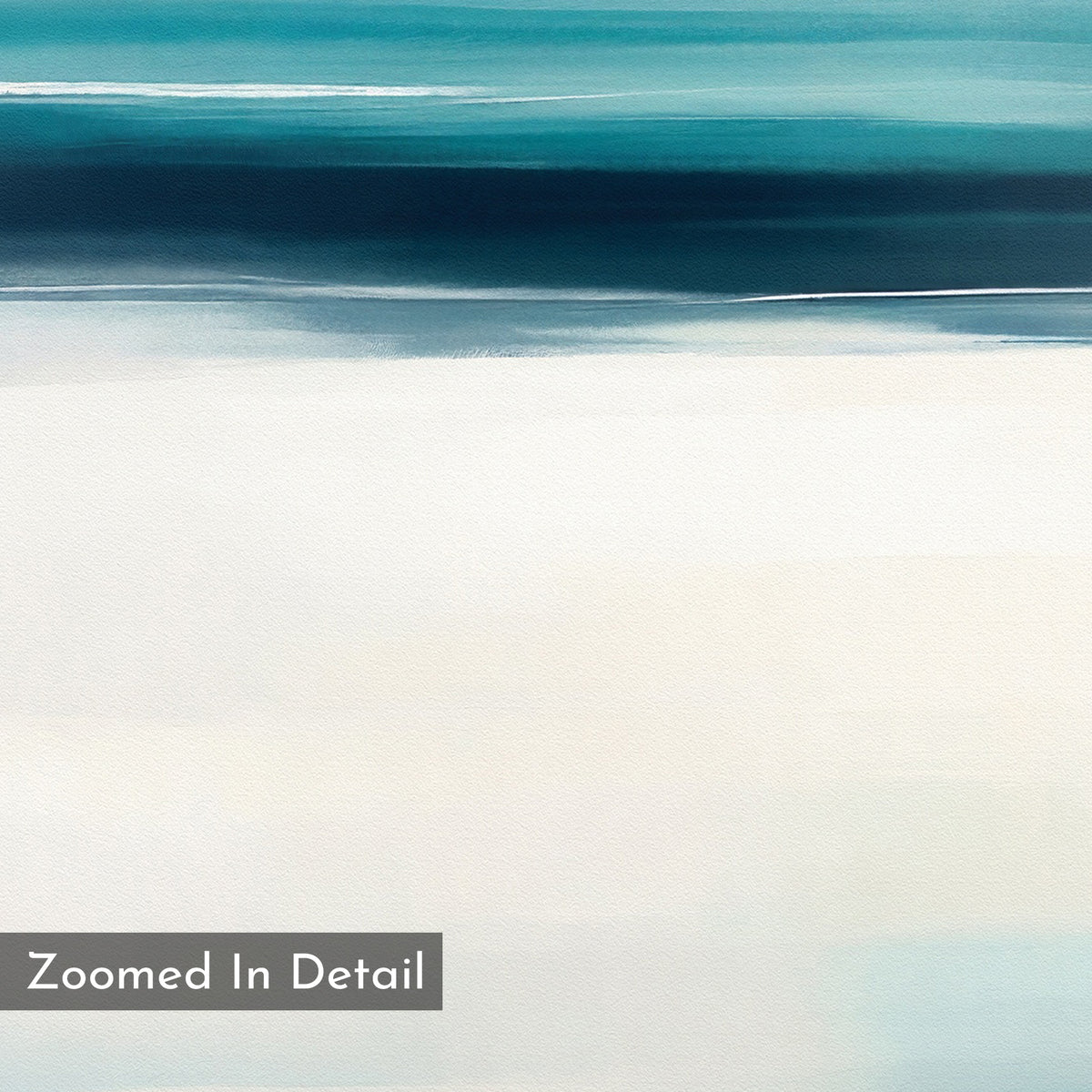 The Ocean Motion Canvas Art - Vertical showcases soft horizontal brush strokes in blue, teal, and white for a serene ocean vibe. Perfect for coastal decor, it features a gray box labeled "Zoomed In Detail" in the bottom left corner.