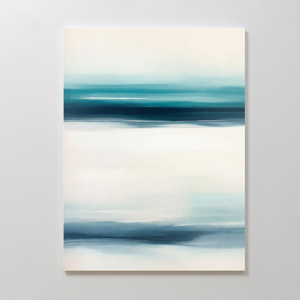 Ocean Motion Canvas Art - Vertical features soft horizontal bands of blue, teal, and white for a serene seascape look. Its gentle blends add calm sophistication, making it ideal coastal decor for display on a light wall.
