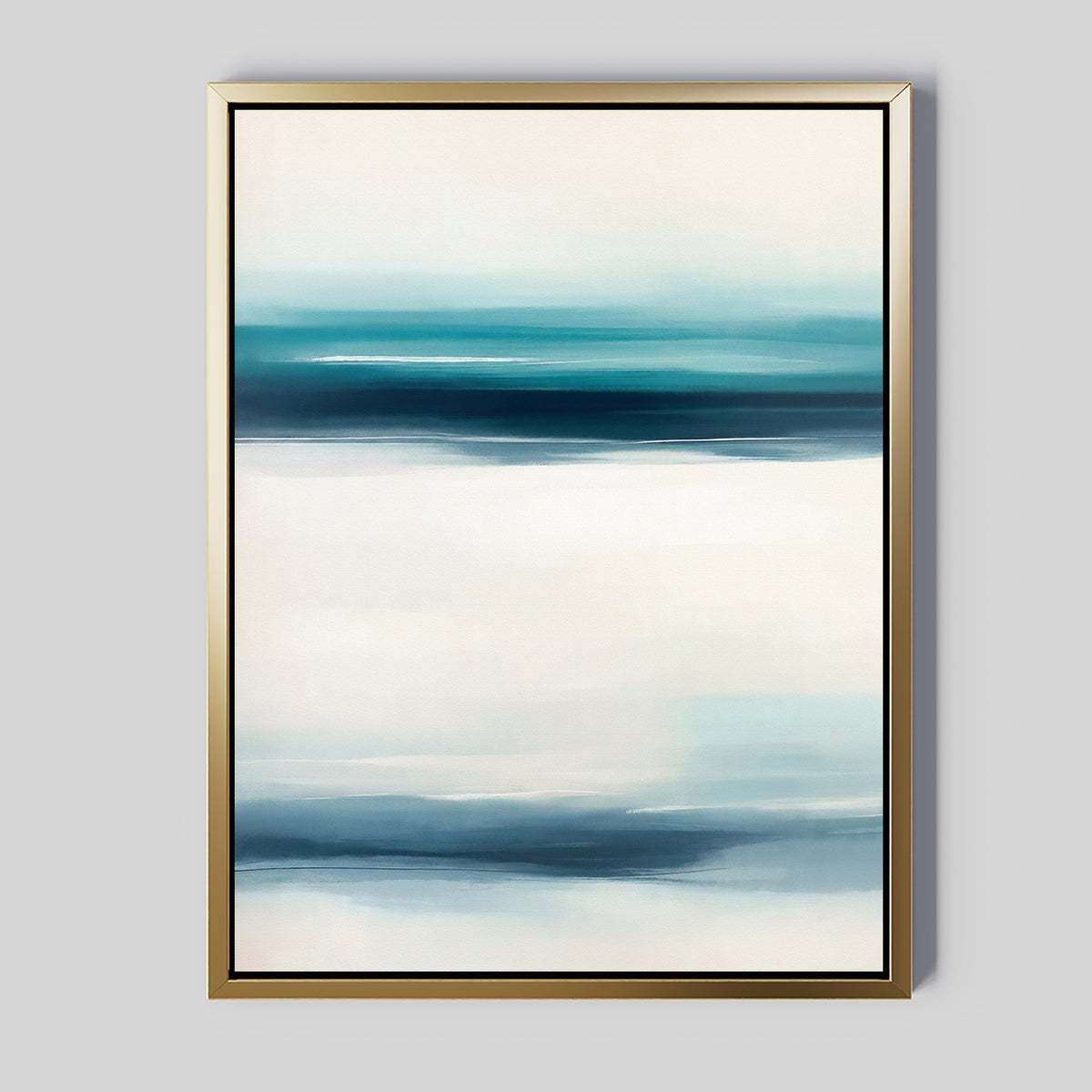 Ocean Motion Canvas Art - Vertical features an abstract print in a gold frame with soft blue, aqua, and white bands on a light gray background—adding serene sophistication to any coastal decor.